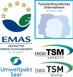 Logos der Zertifikate : EMAS, Umweltpakt Saar, Familienfreundliches Unternehmen, DVGW TSM und DWA TSM