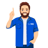 Illustration: Maskottchen Rudi im blauen WVO‑Hemdkittel hebt erklärend den Zeigefinger